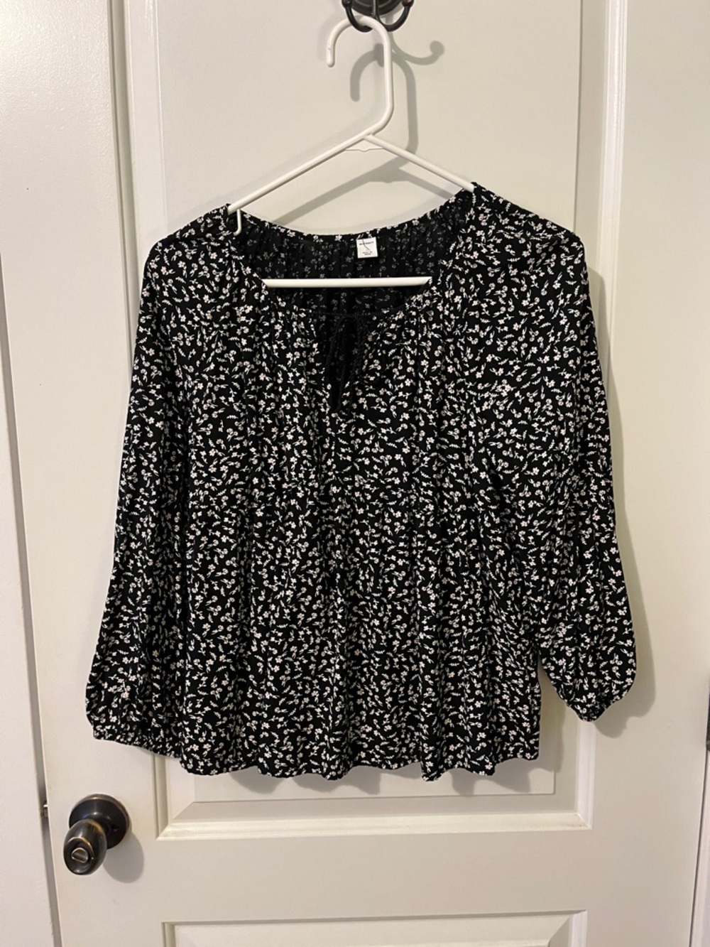 Black & White/Pink Floral Peasant Top - Women's Blouse